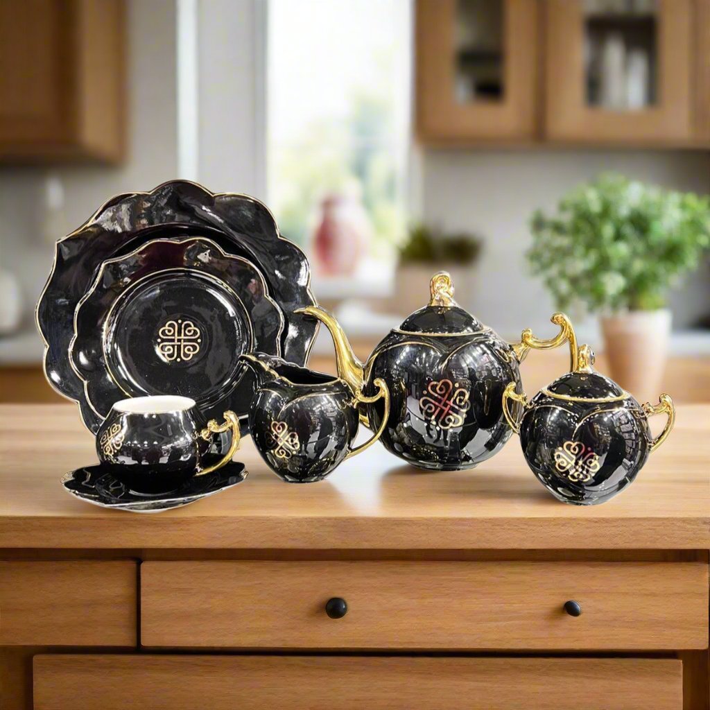 MODERN CERAMIC FLORAL TEASET (BLACK)