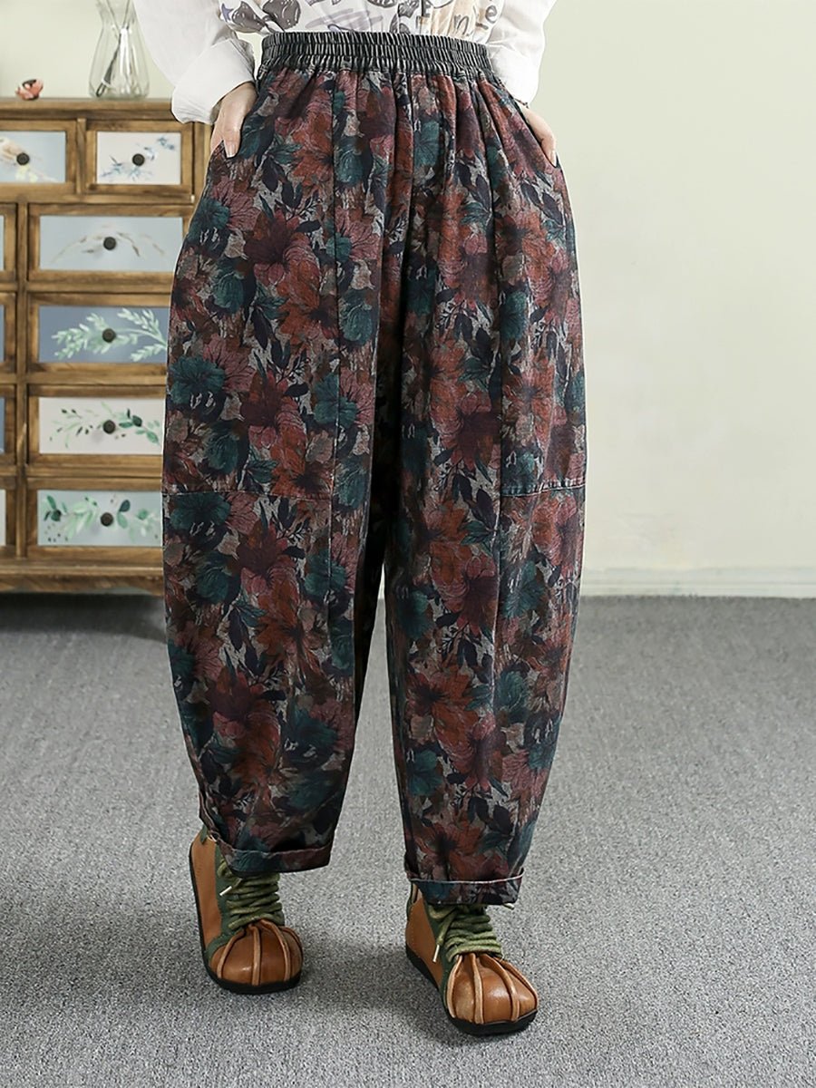 Women Spring Flower Denim 100%Cotton Harem Pants