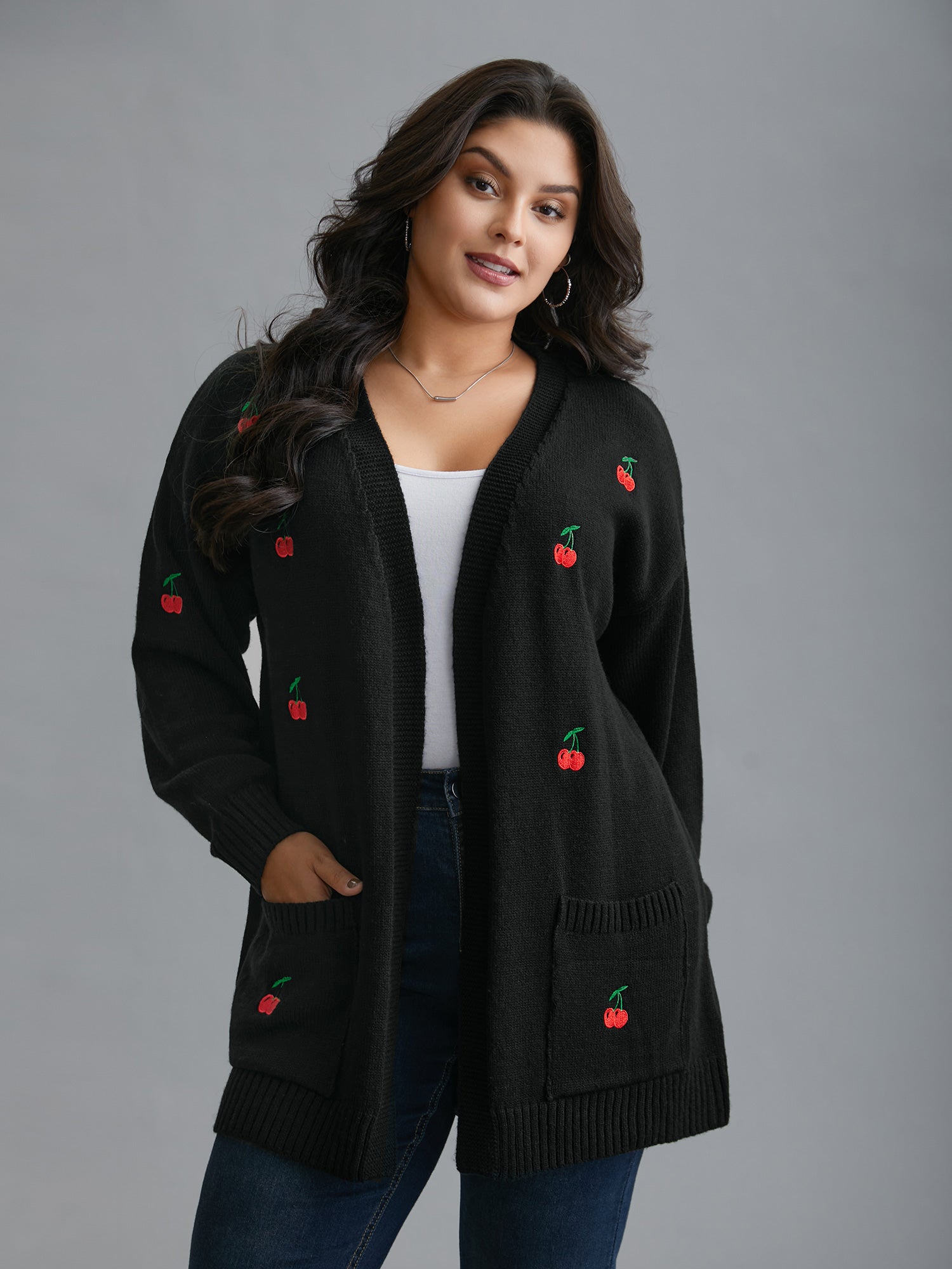 Textured Cherry Embroidery Pocket Pullover