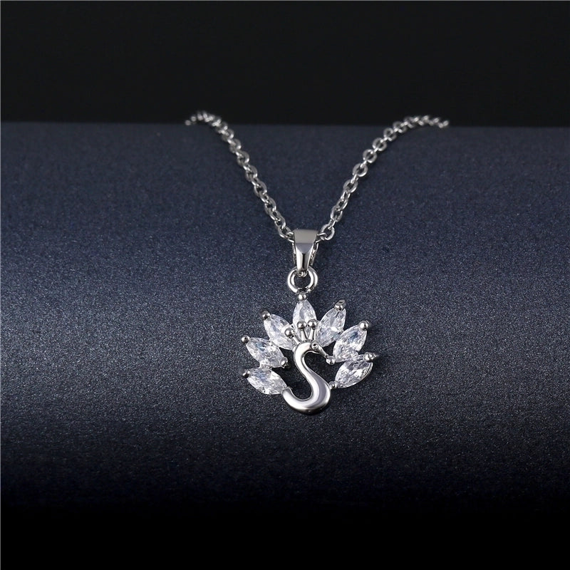 Peacock Leaves Water Droplets Stainless Steel Titanium Steel Platinum Plated Rhodium Plated Zircon Pendant Necklace