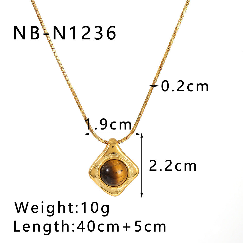 French Retro Style Tiger Eye Turquoise Natural Stone Pendant Necklace Stainless Steel 18K Gold Plated Clavicle Chain