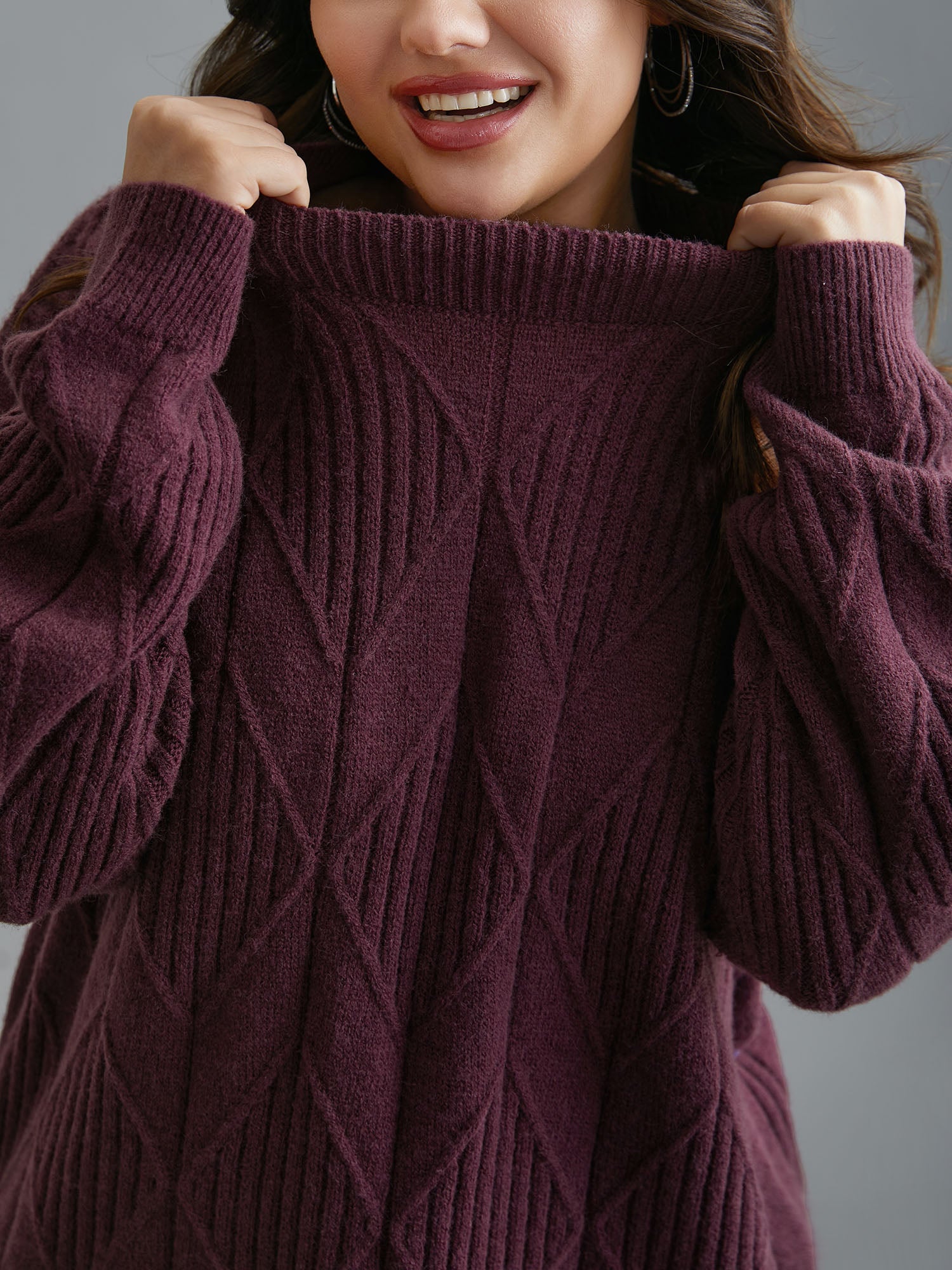 Cable Knit Turtleneck Split Hem Pullover