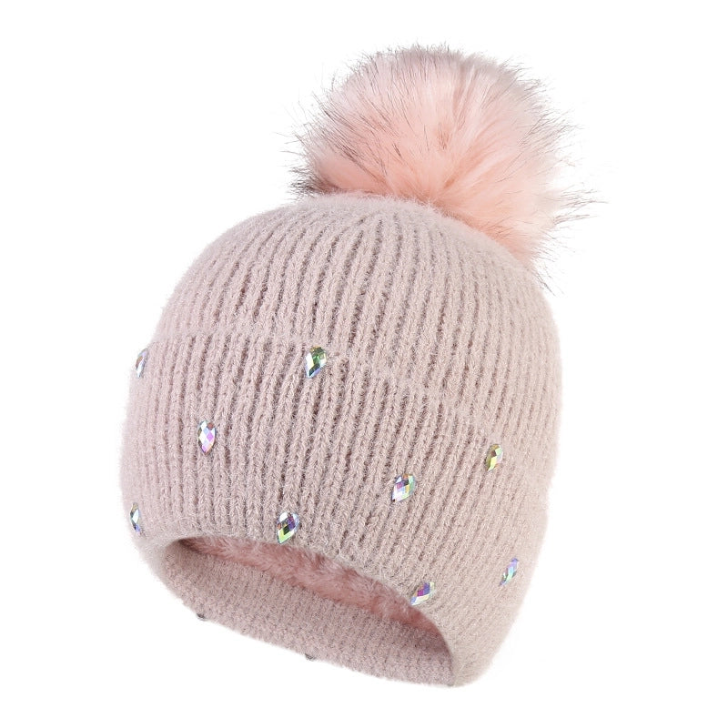 Women's Cute Sweet Solid Color Pom Poms Rhinestone Eaveless Wool Cap