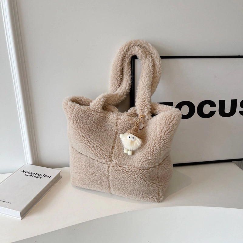 Women's Large Plush Solid Color Streetwear Bucket Magnetic Buckle Tote Bag