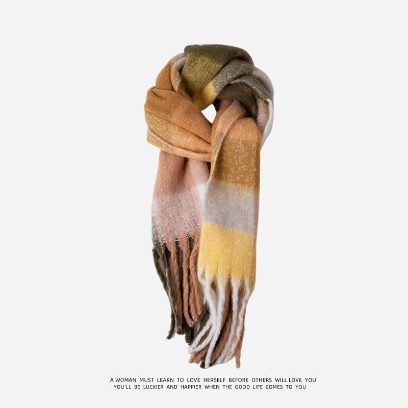 Blue Plaid Student Warm Big Scarf Women's Winter New Versatile  Shawl Outer Wear Dual-use Scarf