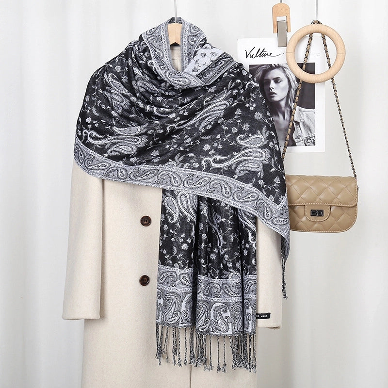 Women's Pastoral Cashew Nuts Flower Polyester Tassel Scarf