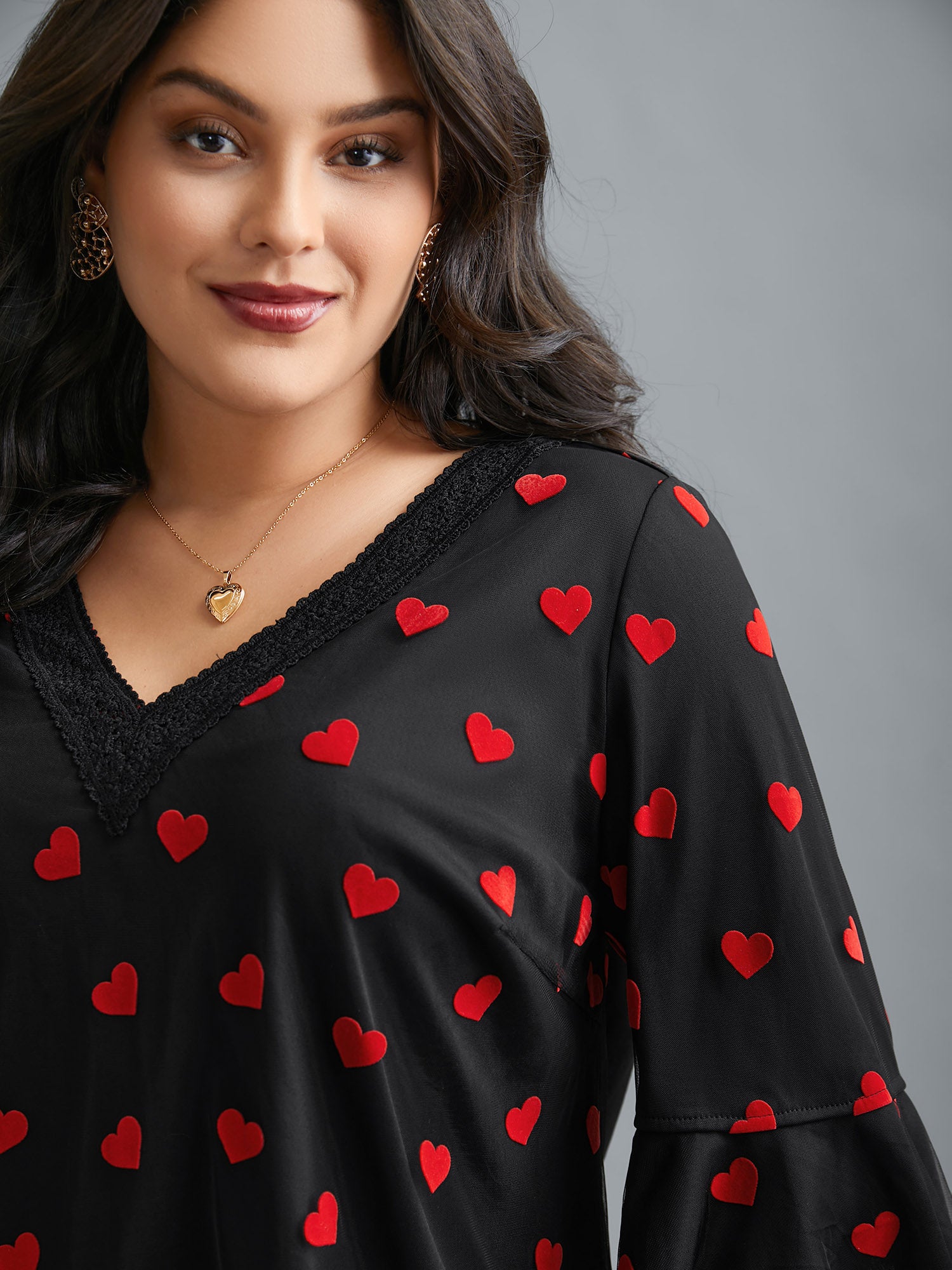 V-Neck Hearts Mesh Lace Detailing Blouse