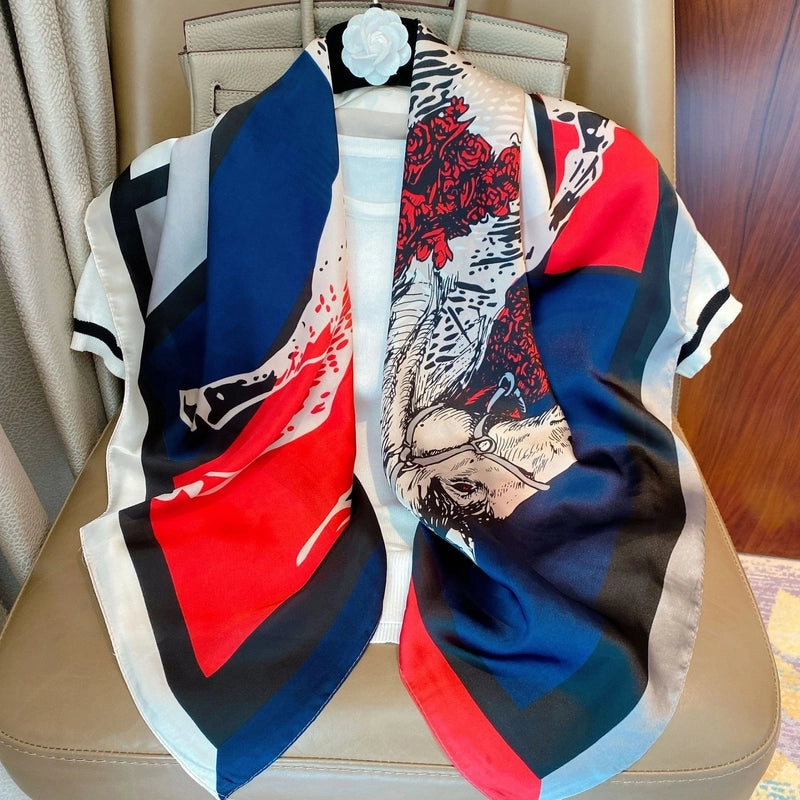 Women's IG Style Elegant Stripe Flower Chains Print Satin Printing Silk Scarf