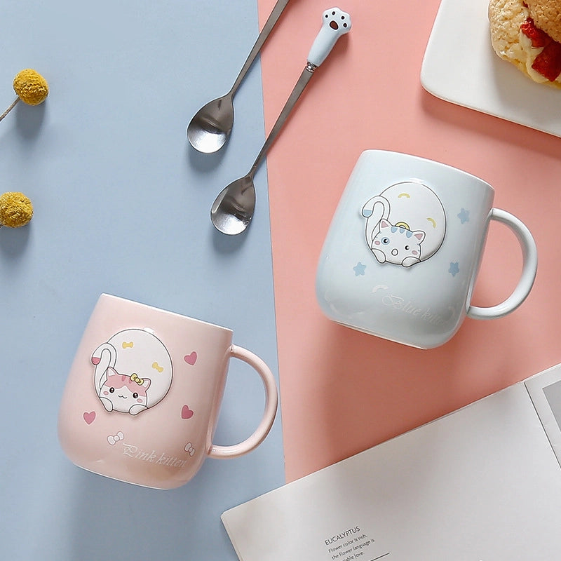 Cat Mug With Lid Spoon Ceramic Cup Creative Personality Trendy Office Cartoon Ins Household Coffee Cup