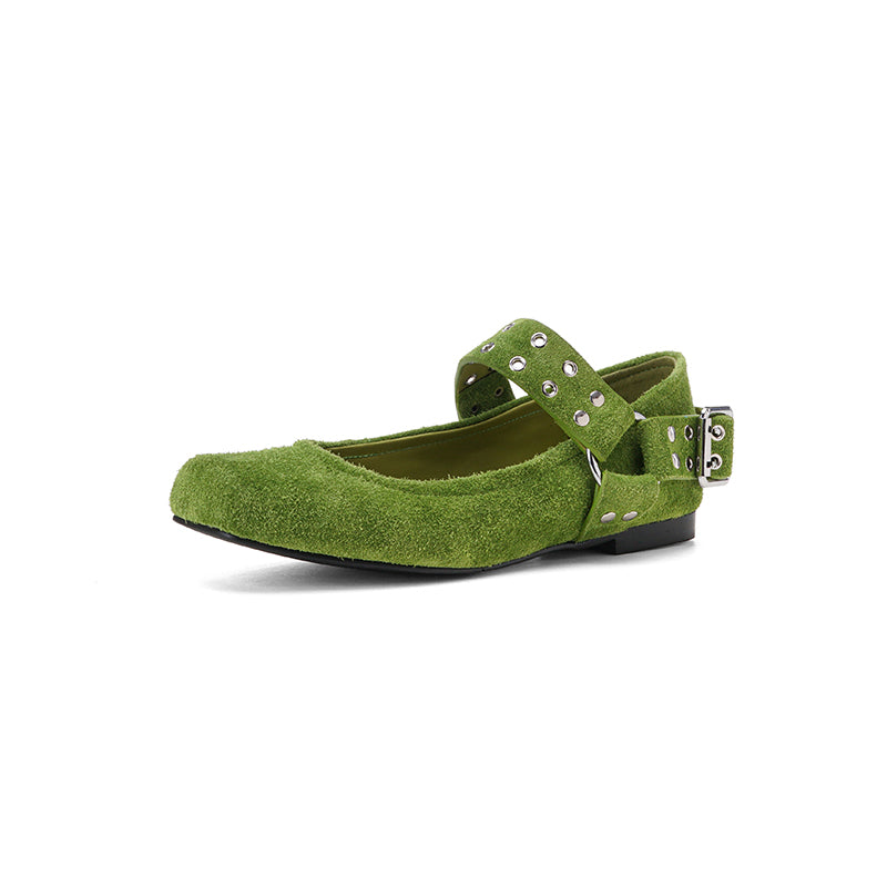 Women's Square Toe Leather Mary Jane Flats with Studded Strap Design in Green/Blue/Brown/Grey