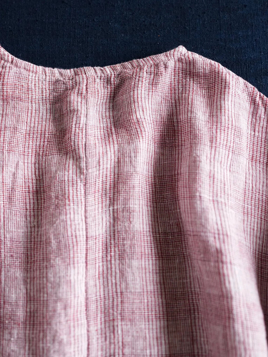 Women Summer Retro Plaid O-Neck 100%Linen Shirt