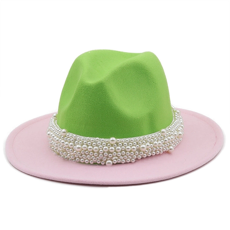 Autumn And Winter New Two-color Woolen Top Hat Pearl Ribbon Accessories Double-sided Color Matching Jazz Hat