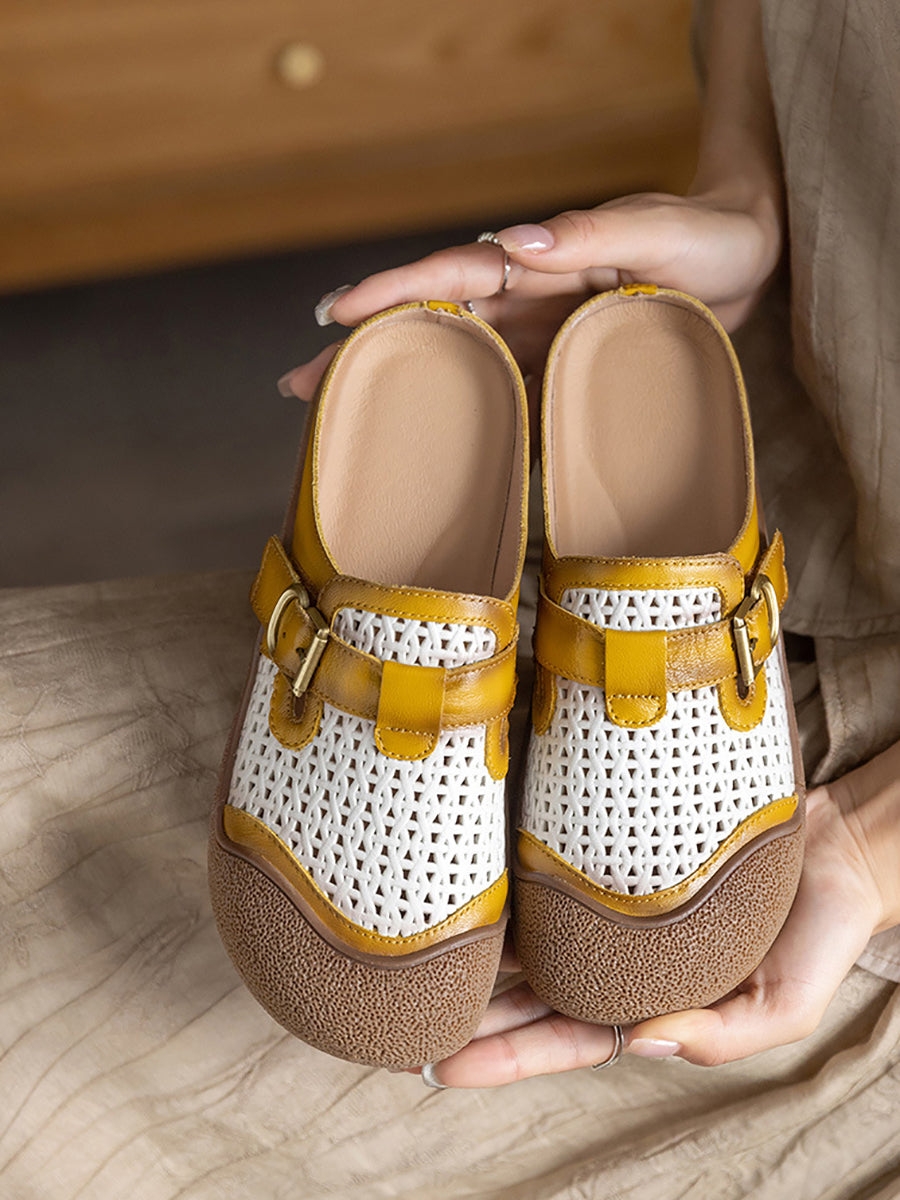 Women Summer Colorblock Leather Flat Slippers