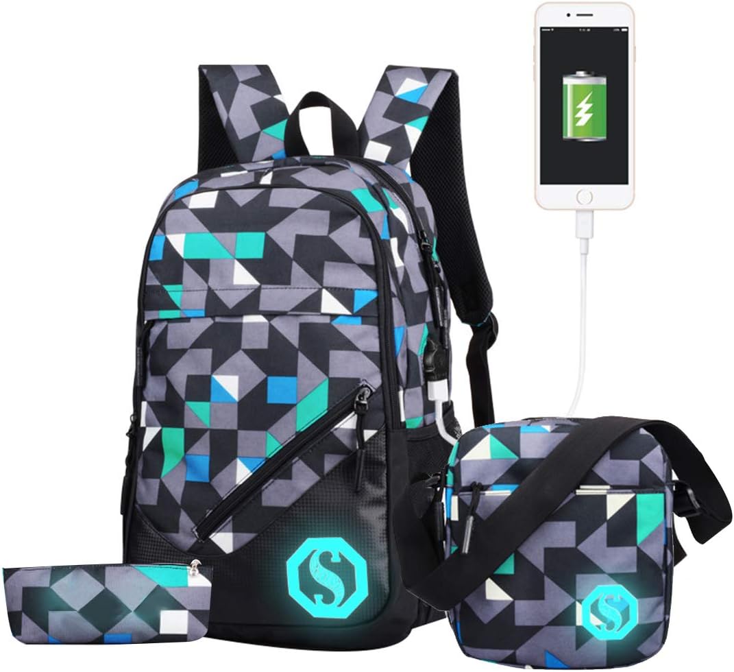 JiaYou Teenage Boy Girl Unisex 20L Multifunctional School Bag Backpack Set with Florescent Mark