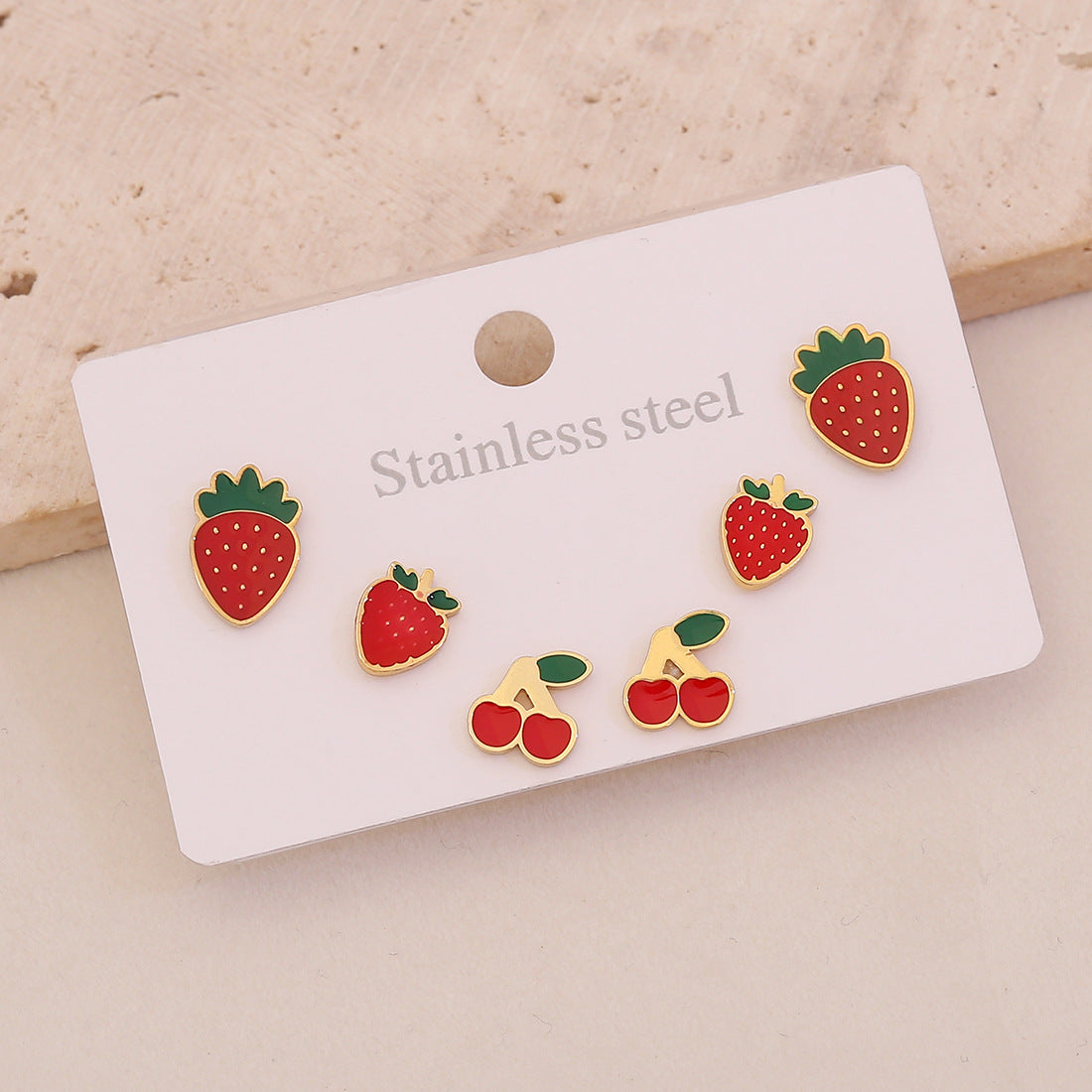 3 Pairs Of Cherry Strawberry Earrings Cute Stainless Steel Earrings For E623