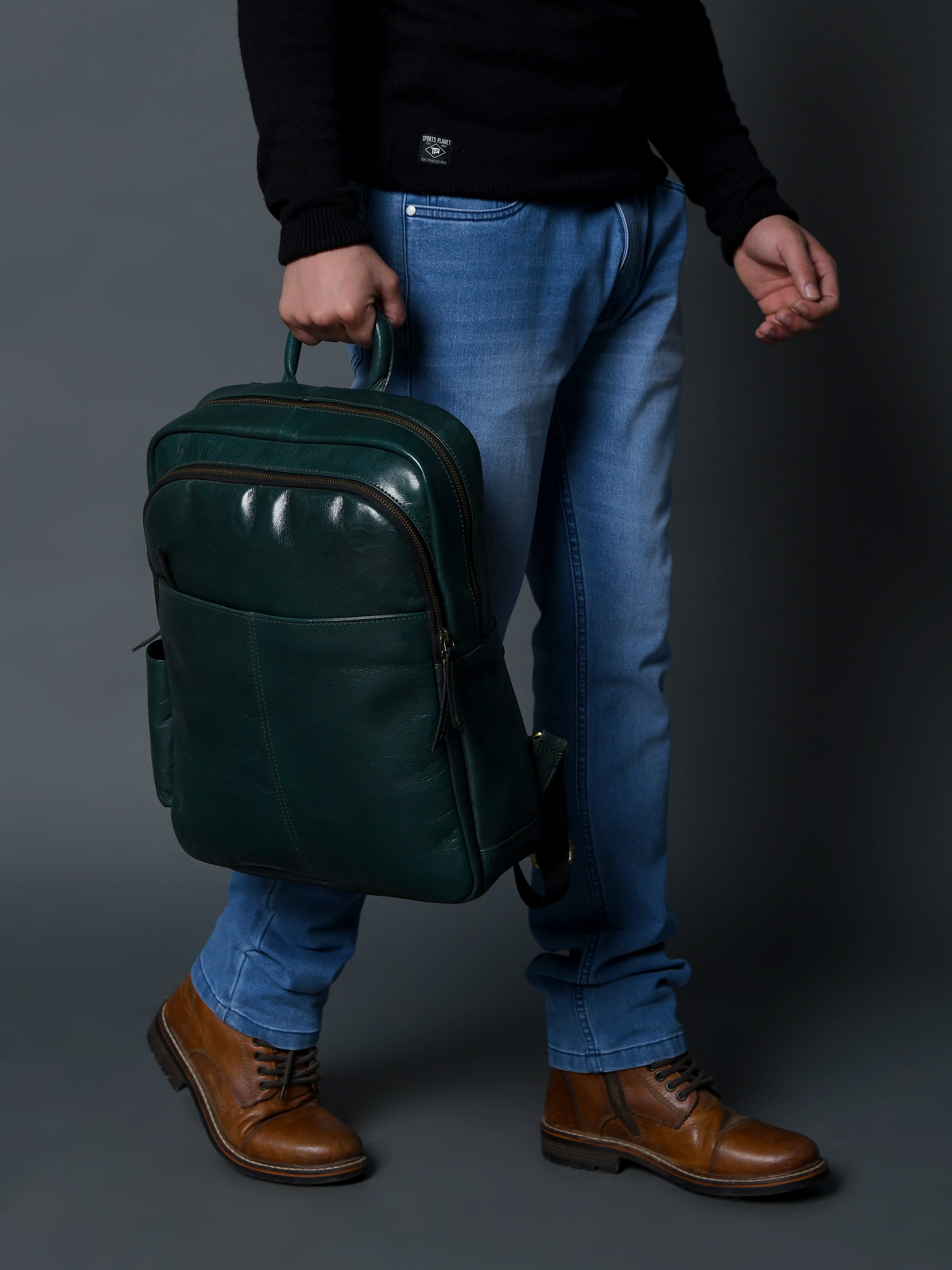 Luxury Italian Leather Backpack. Green