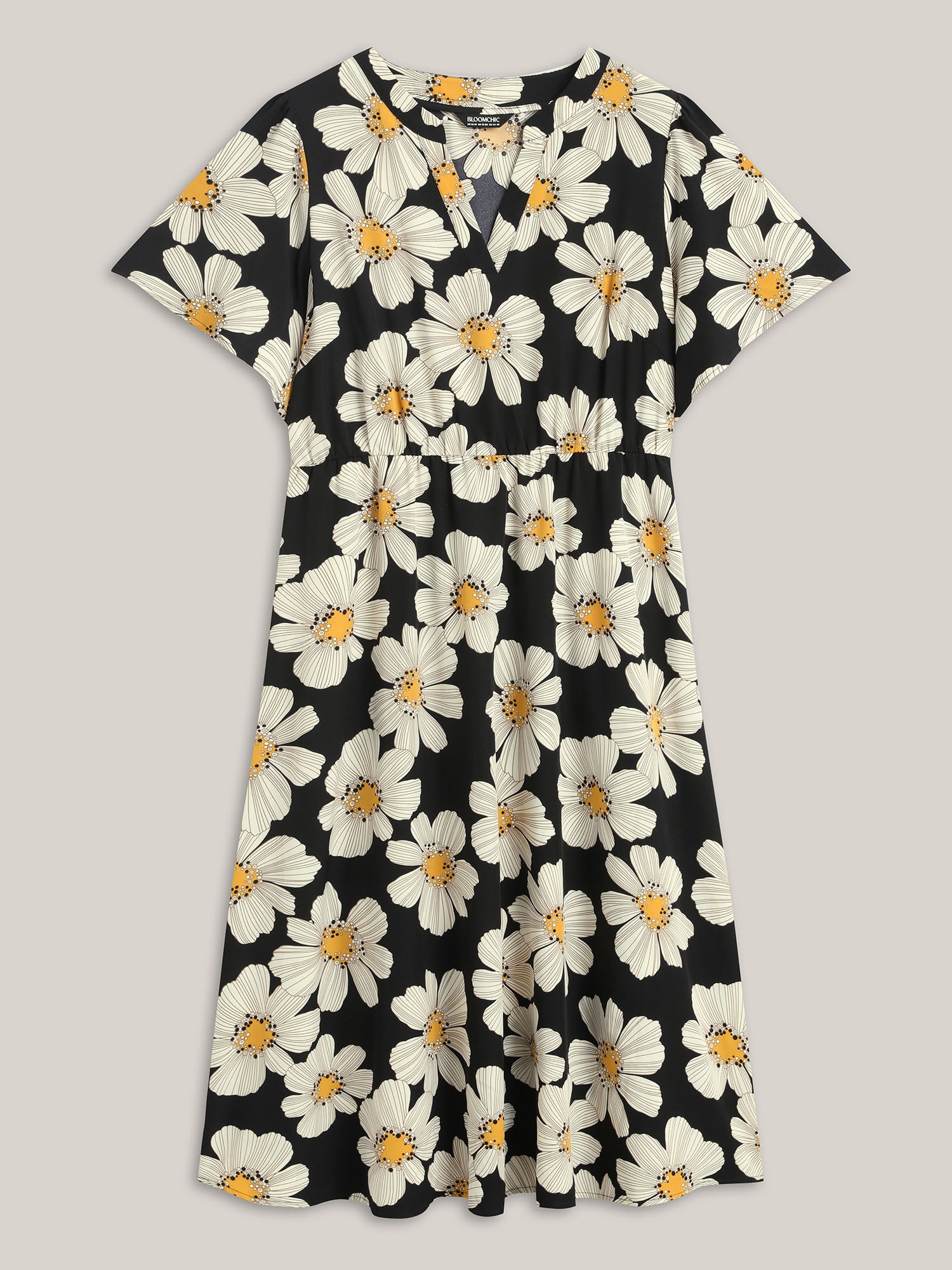 Large Floral Print Notched Collar Midi Dress