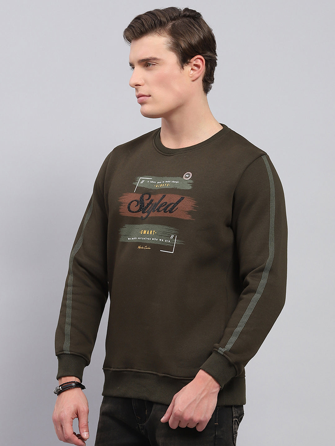 Men Olive Printed Round Neck Full Sleeve Sweatshirt