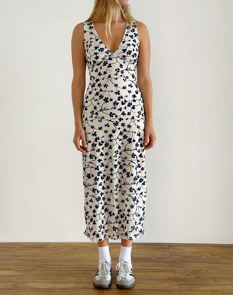 Gabriela Midi Dress in Grunge Floral Flock Cream