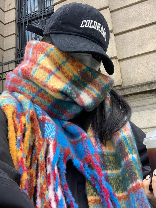 Autumn And Winter Rainbow Plaid Artificial Cashmere Scarf Female Student Couple Mohair Warm Scarf Long Shawl