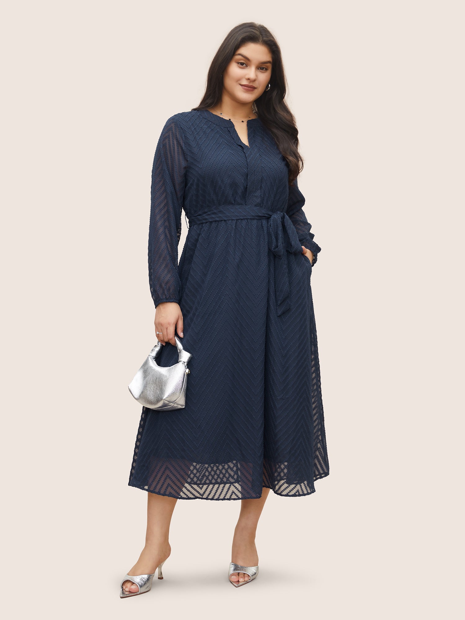 Solid Geometric Pocket Mesh Lantern Sleeve Belted Dress