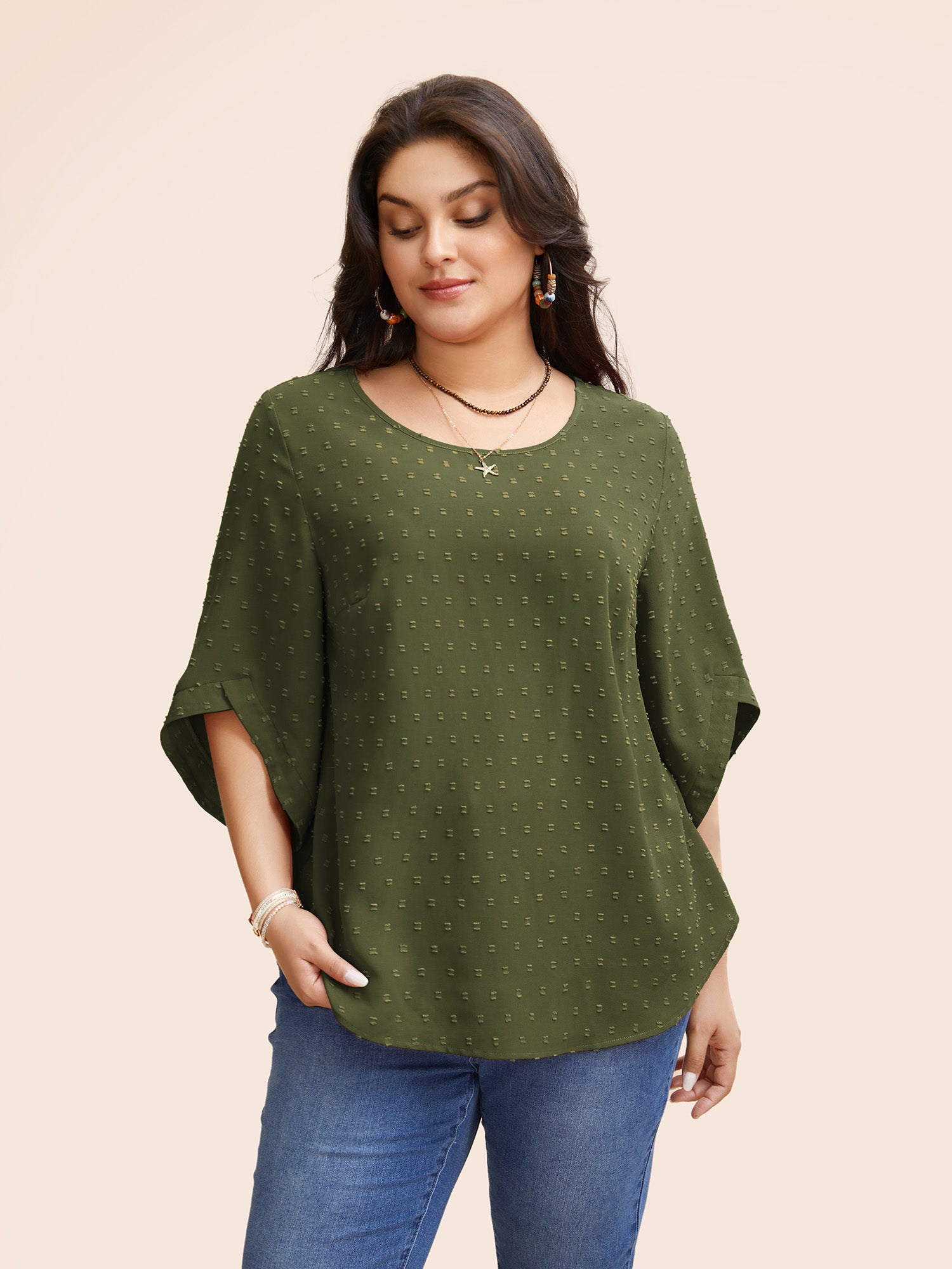 Textured Round Neck Bell Sleeve Blouse