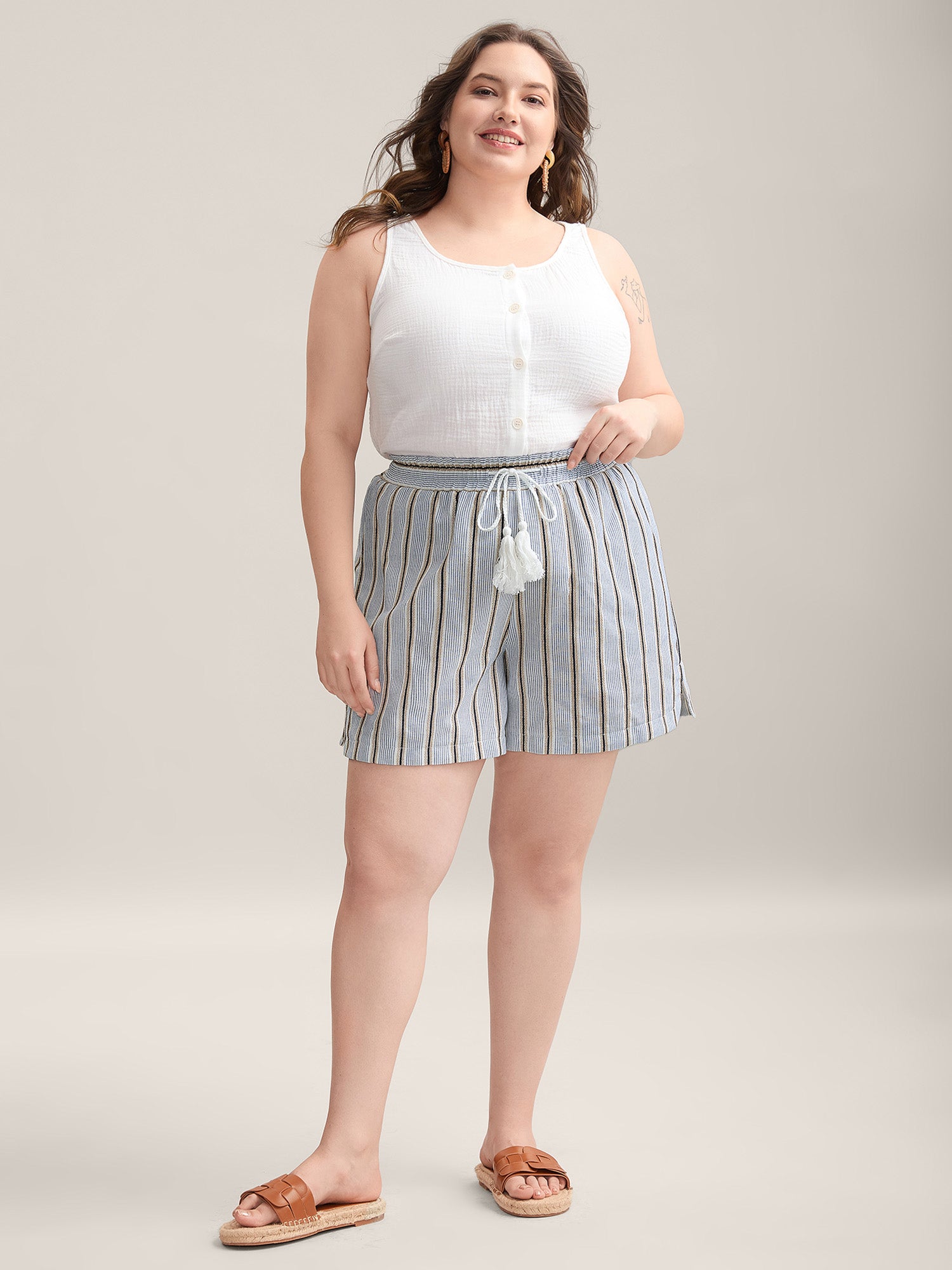 Stripes Tassels Straight-Leg Shorts