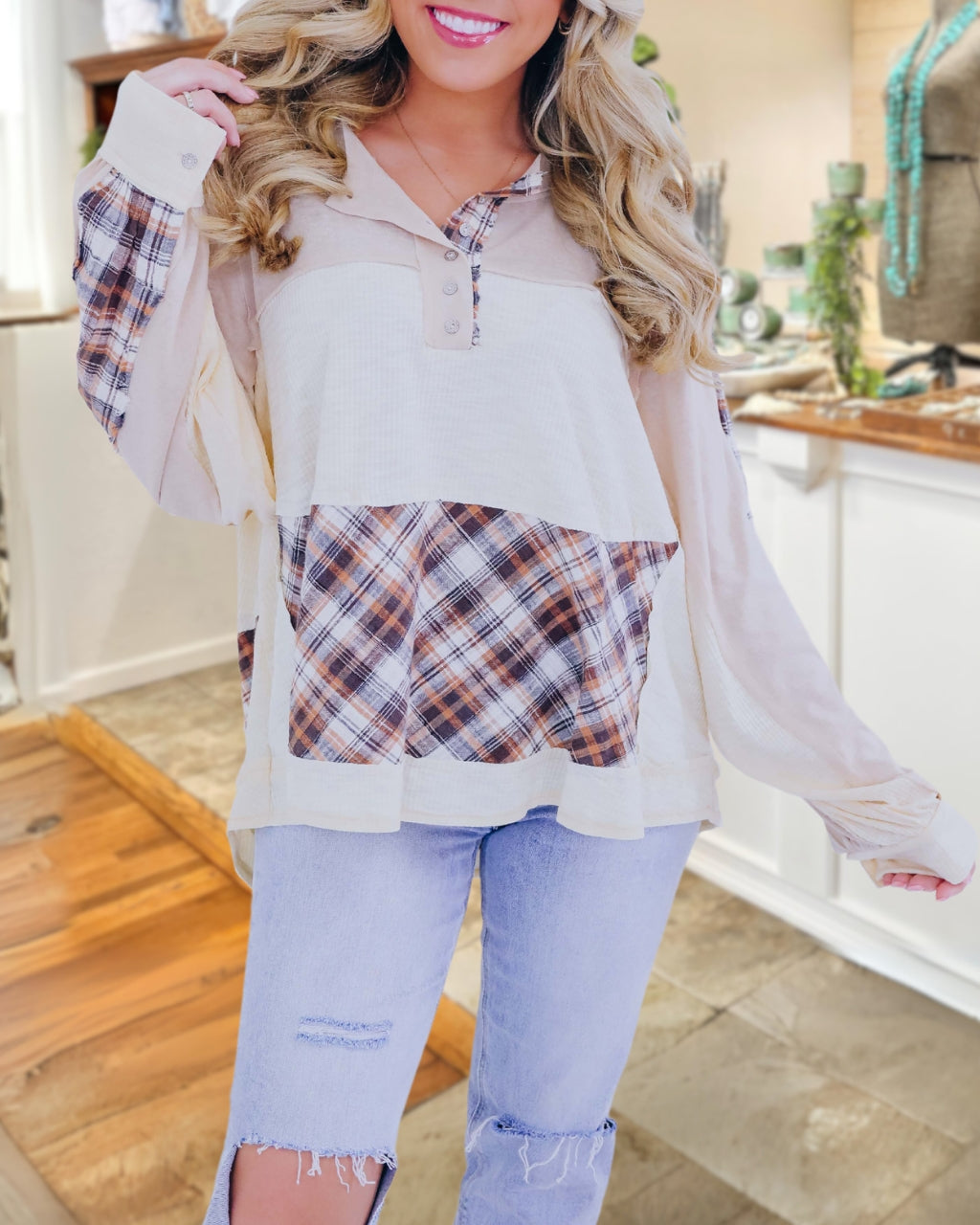 Colorful Plaid Button Sweatshirt