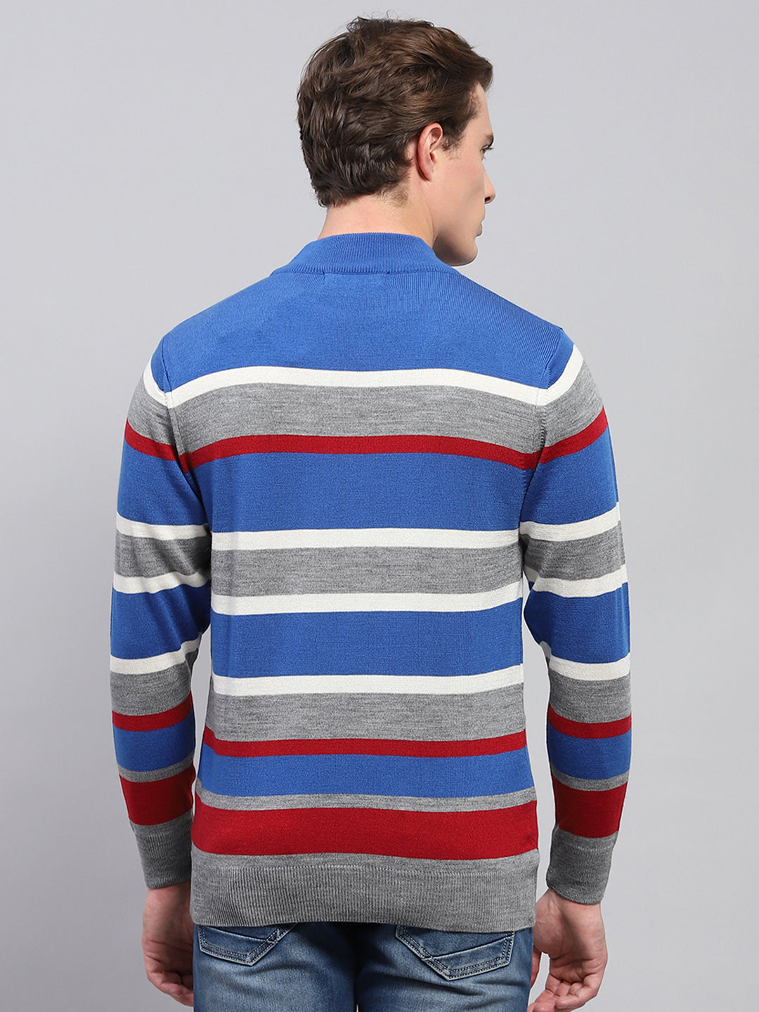 Men Grey Stripe High Neck Full Sleeve Pullover