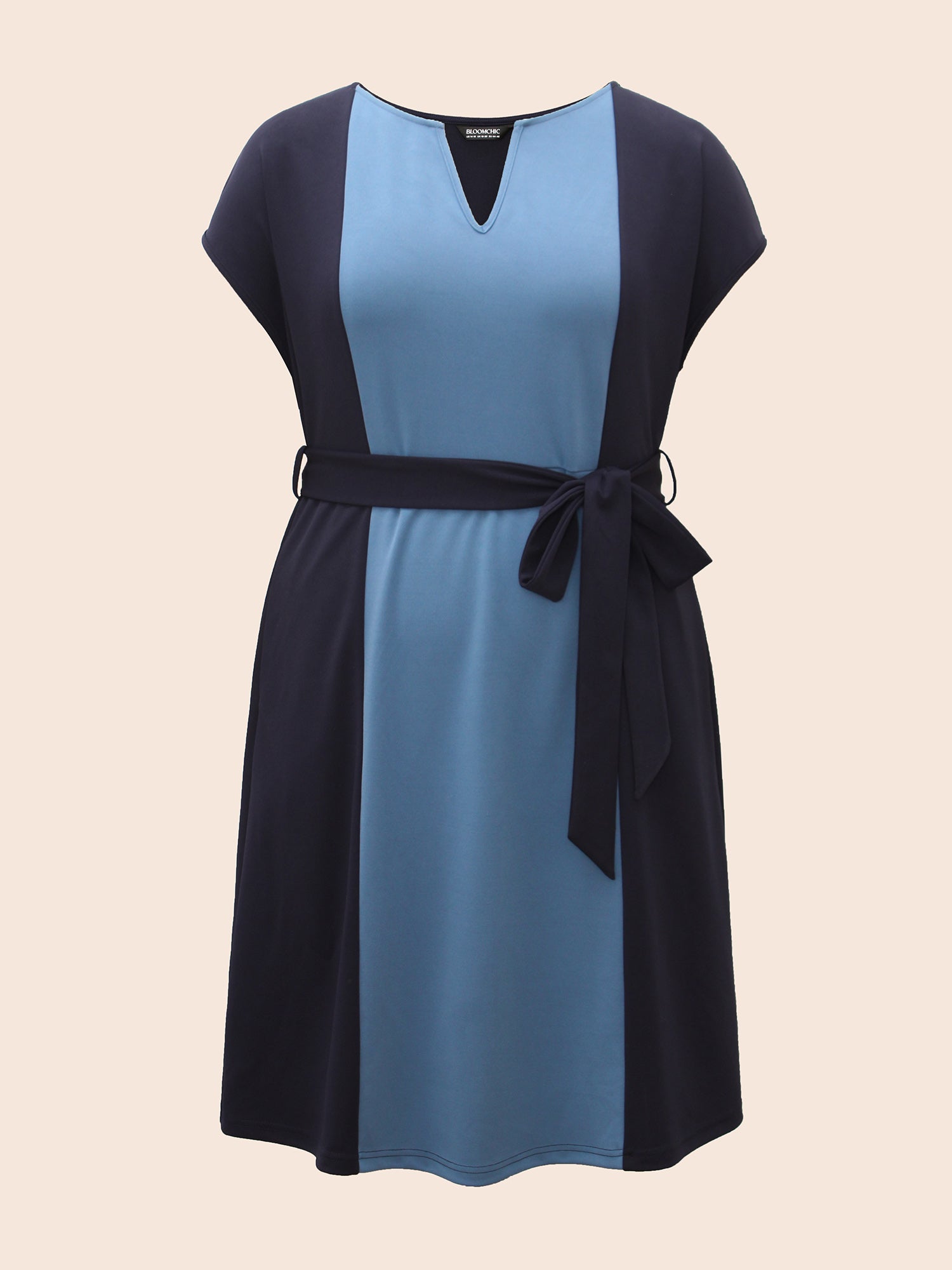 Notched Contrast Patchwork Belted Dress