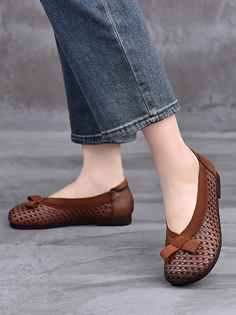 Women Vintage Summer Leather Weave Low Heel Shoes