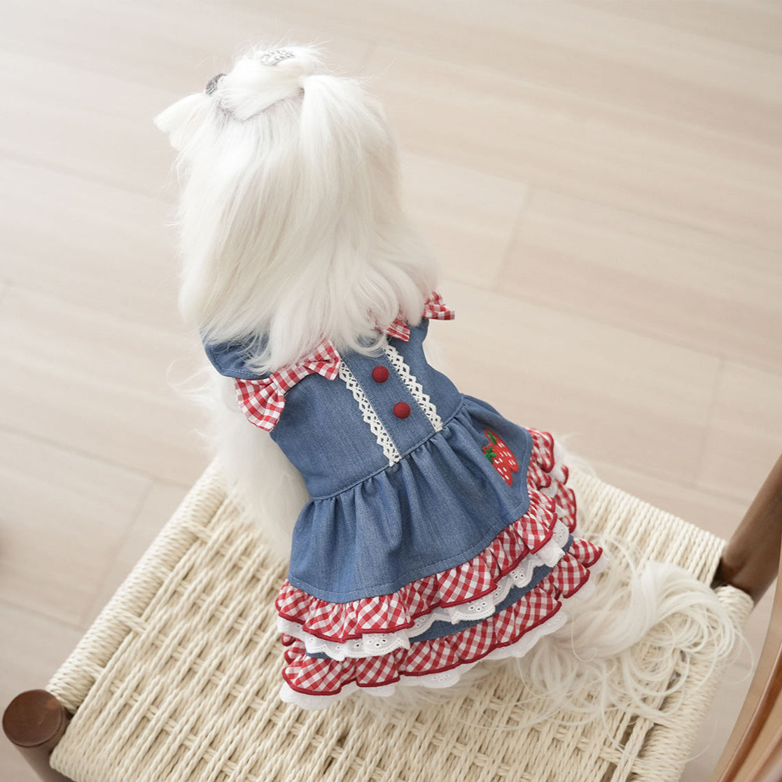 Sweet Strawberry Pattern Denim Dog Cat Dress