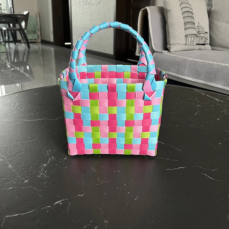 Women's PVC Color Block Plaid Vacation Weave Square Open Square Bag