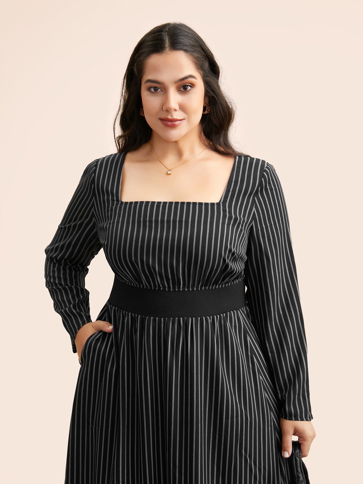 Square Neck Striped Patchwork Midi Dress