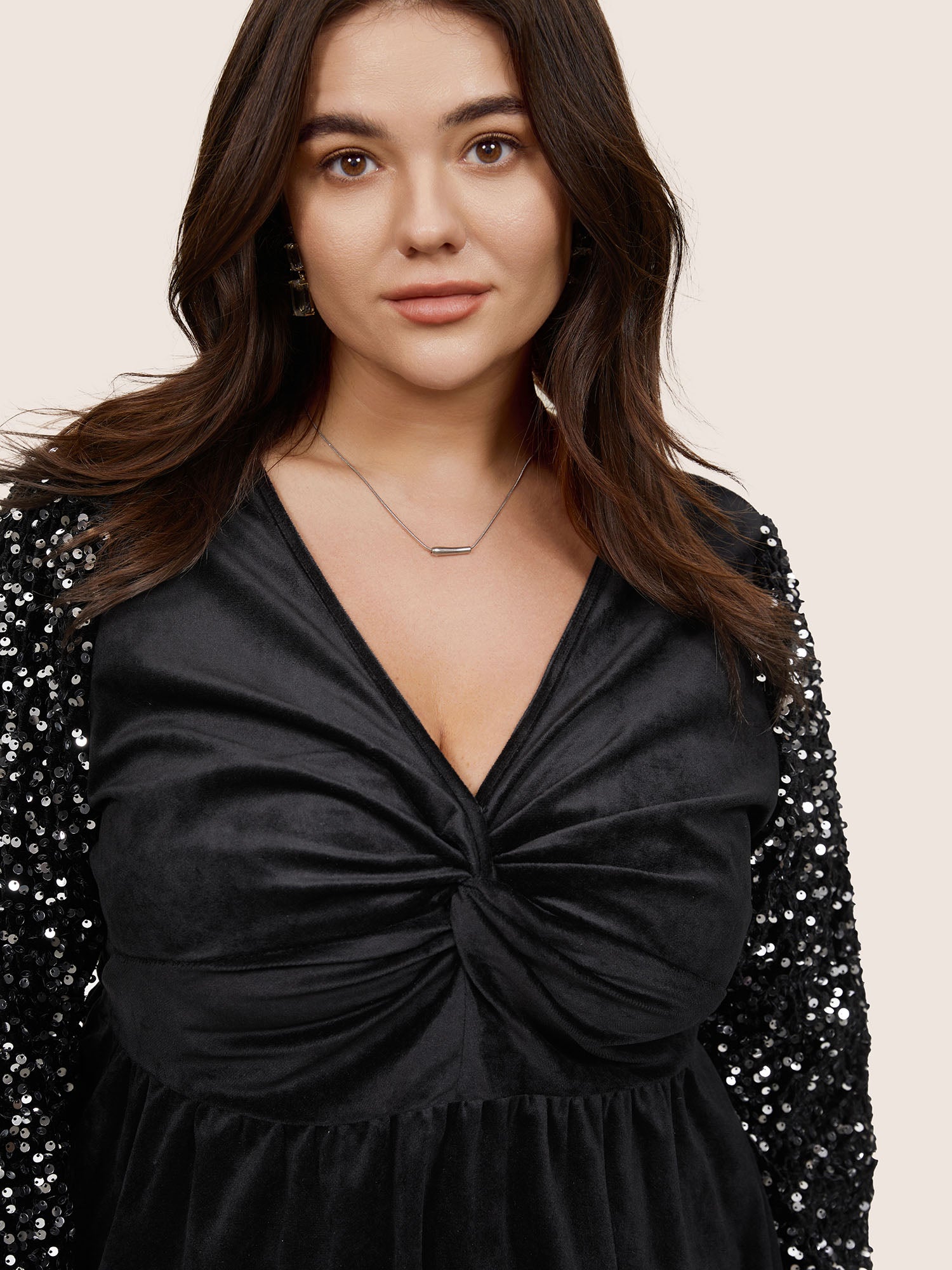 Patchwork Velvet Twist Front Elastic Waist Sequin Blouse