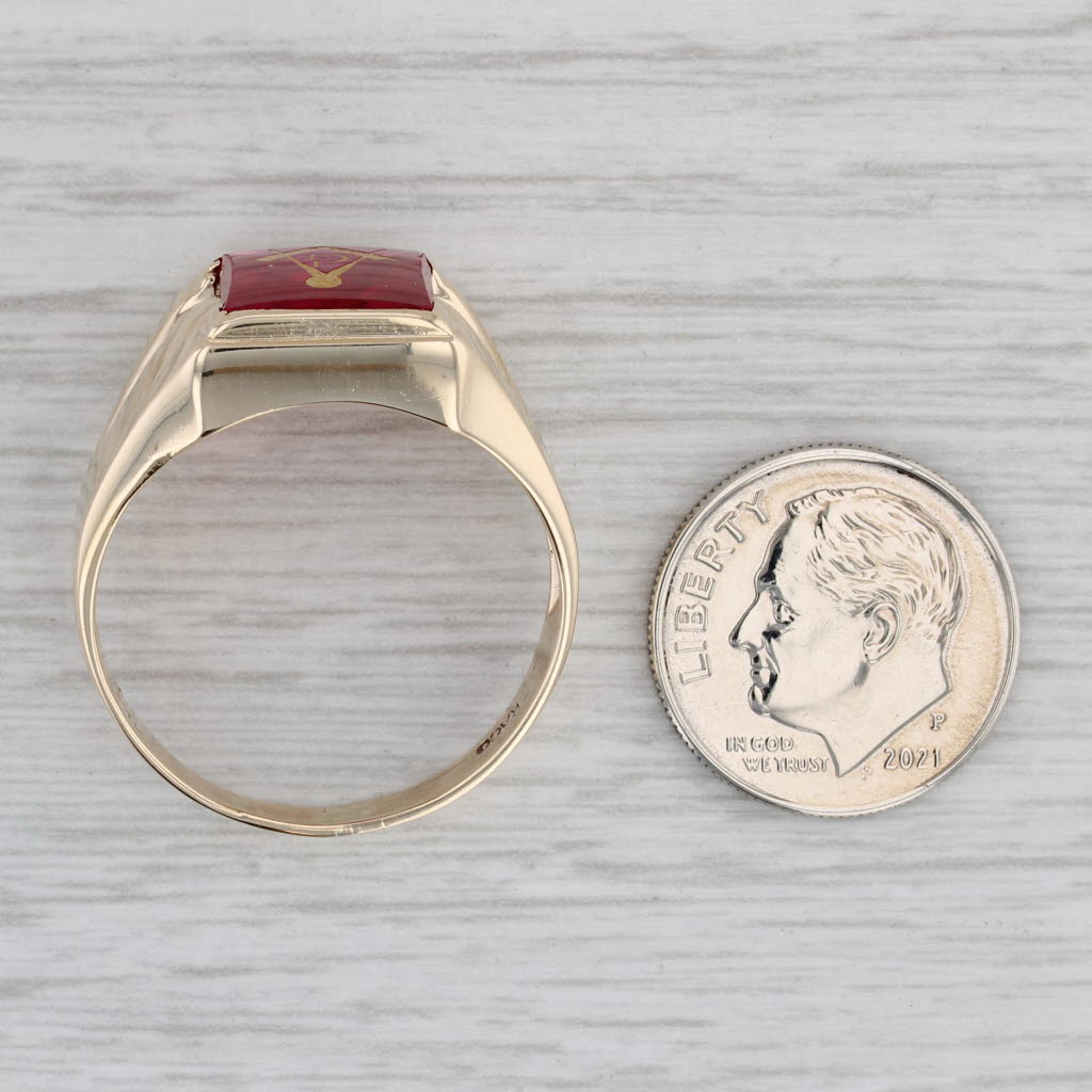Masonic Blue Lodge Signet Ring Lab Created Ruby 10k Gold Square Compass Sz 12.5