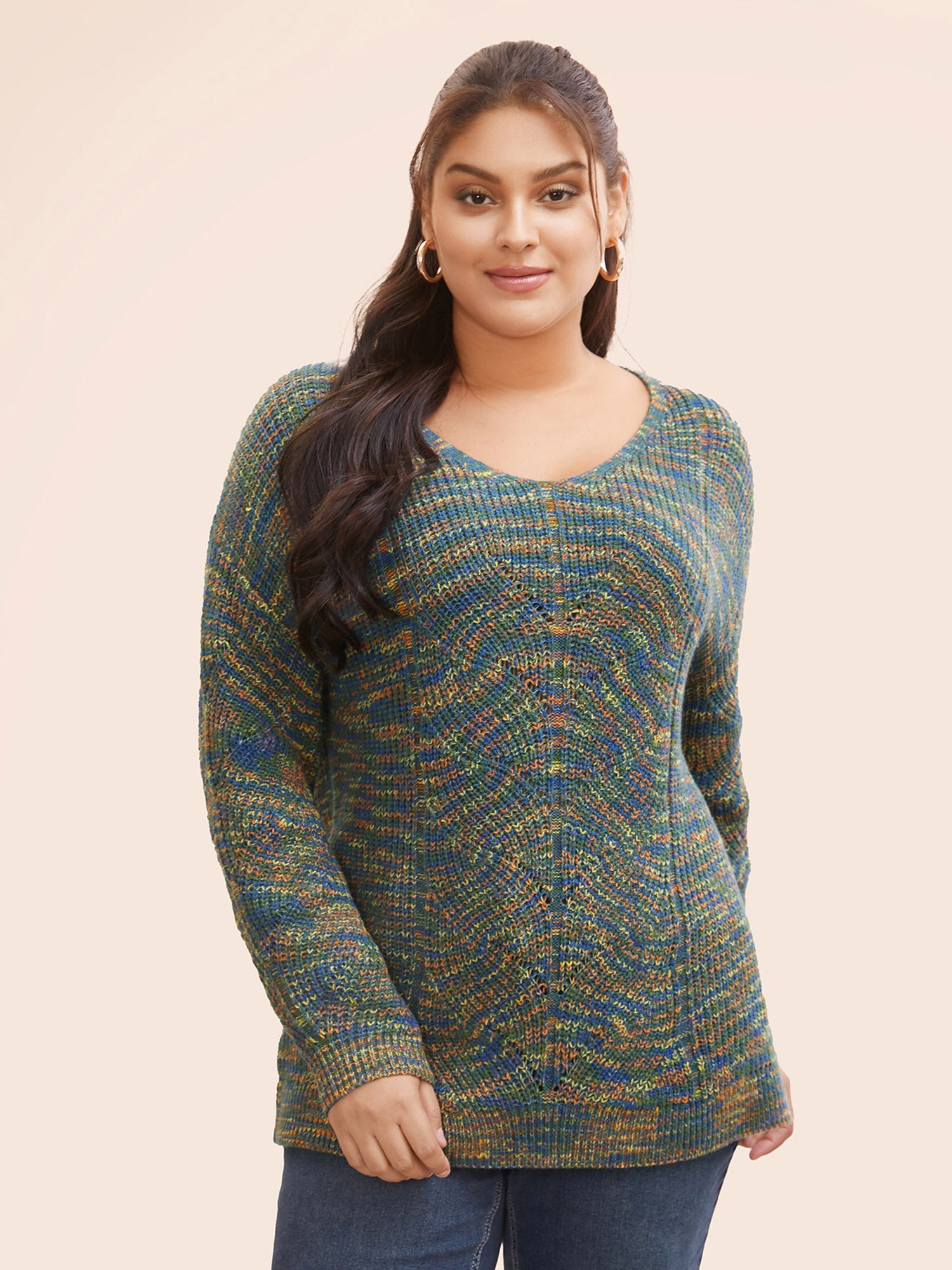 V Neck Texture Heather Cable Knit Pullover