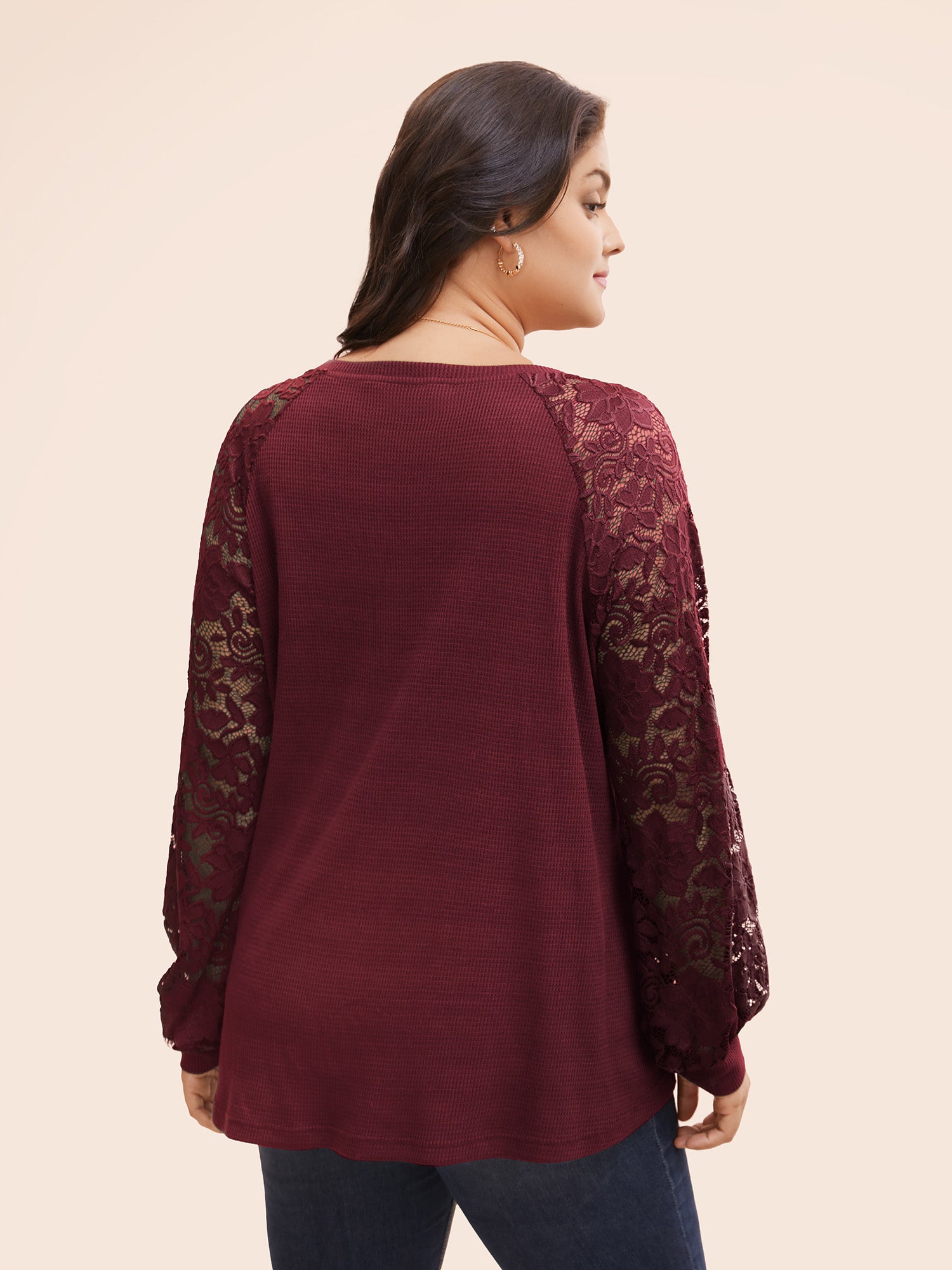 Plain Lace Panel Round Neck Raglan Sleeve T-shirt