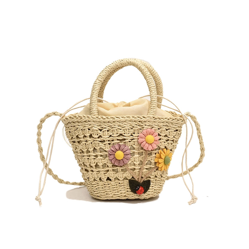 Women's Medium Straw Solid Color Flower Vacation Beach Weave Bucket String Straw Bag