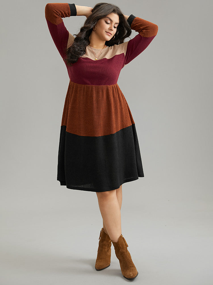 Colorblock Rib Knit Pocket Patchwork Dress