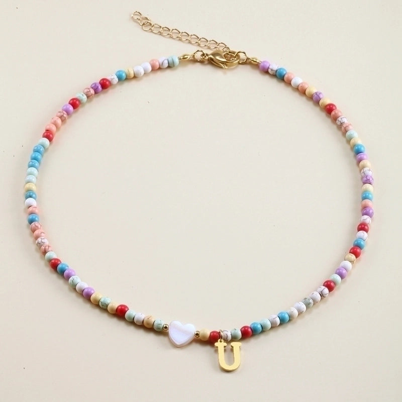 Vacation Letter Heart Shape Stainless Steel Natural Stone Handmade Necklace