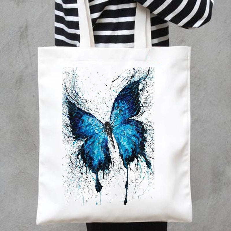 Women's Canvas Printing Heart Shape Butterfly Streetwear Square Open Canvas Bag
