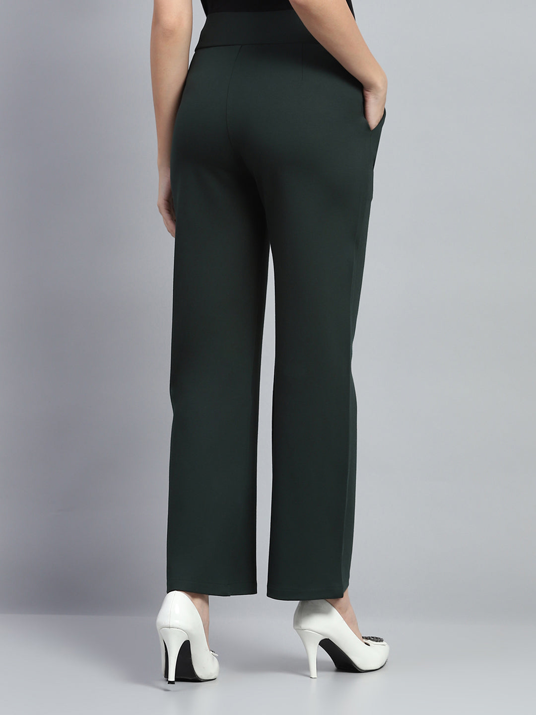 Women Bottle Green Solid Regular Fit Trouser