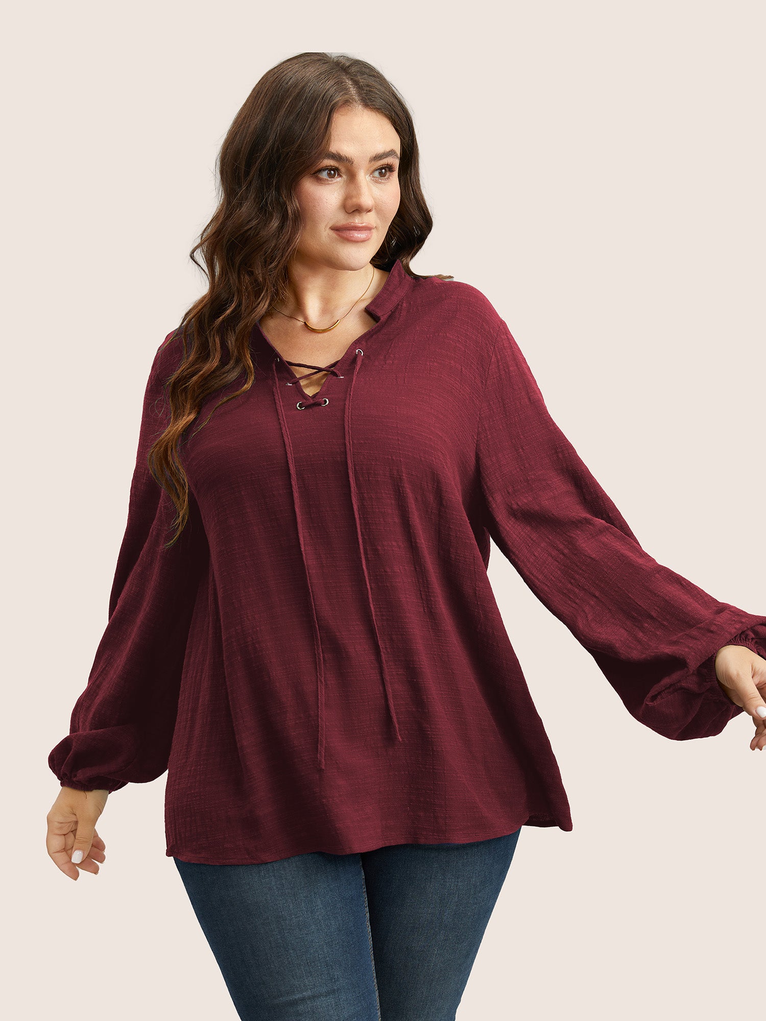 Plain Lace Up Lantern Sleeve Blouse