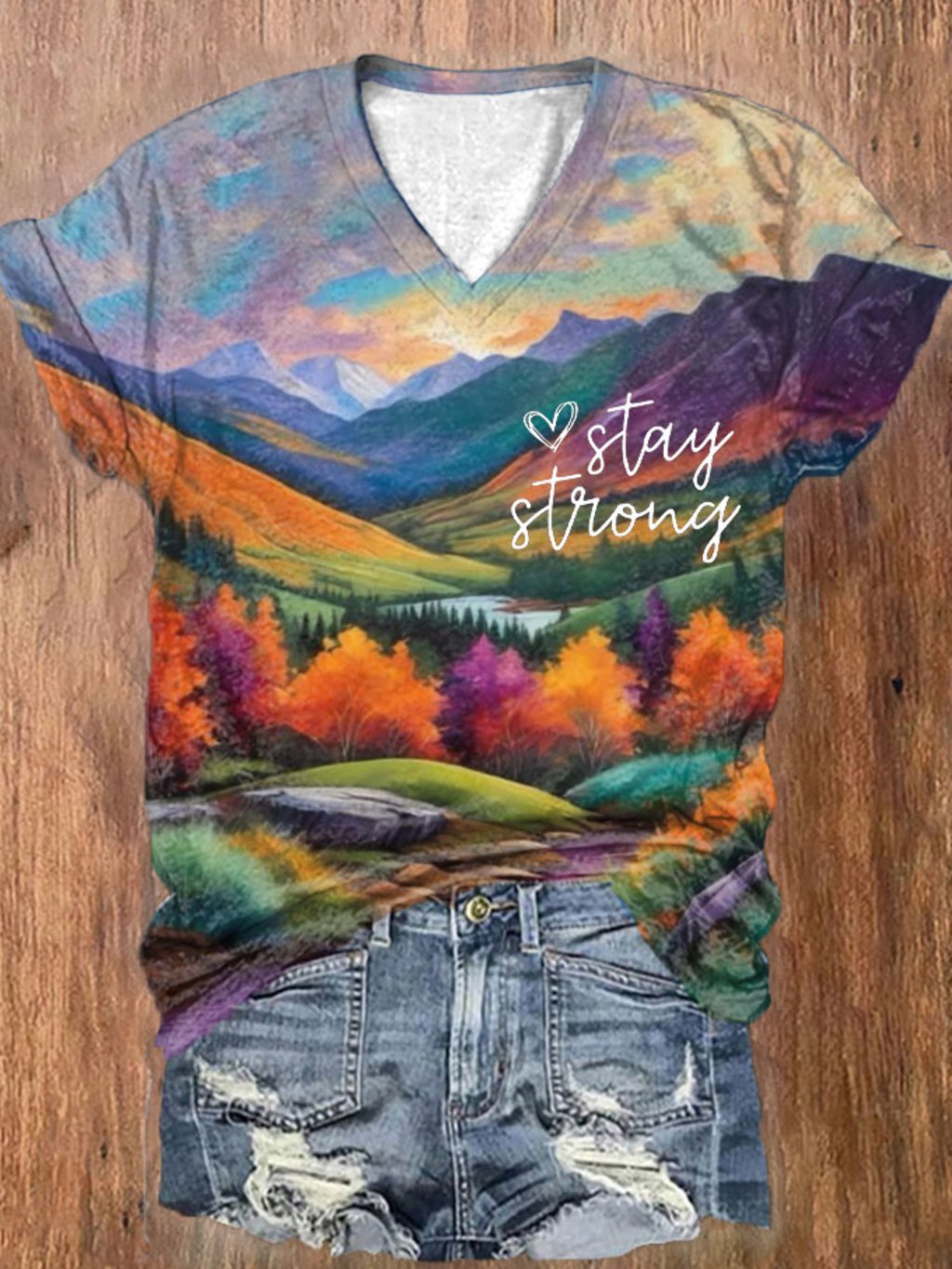 Women's Hurricane Appalachian Mountains NC Watercolor Art Stay Strong Print T-Shirt