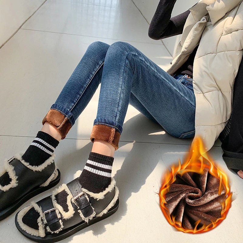 Thick Velvet High Waist Skinny Jeans For Women