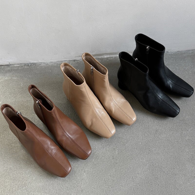 Sheepskin Slimming Boots Elegant Ankle Boots Side Zipper Boots in Black/Brown/Apricot