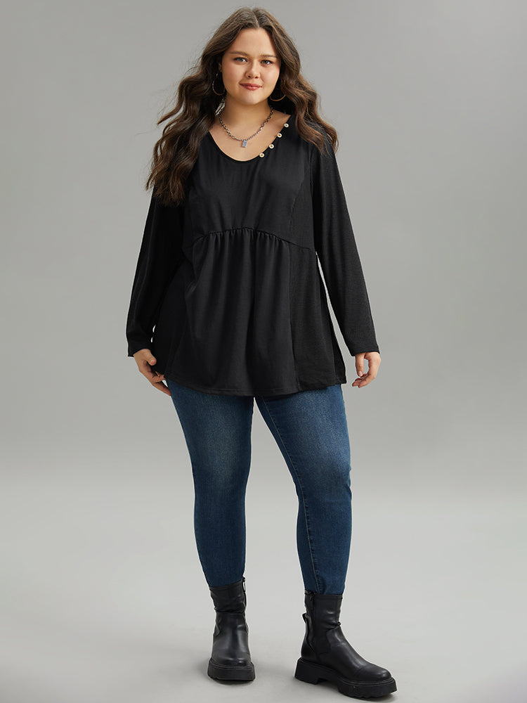 Plain Ruffles Button Detail T-shirt