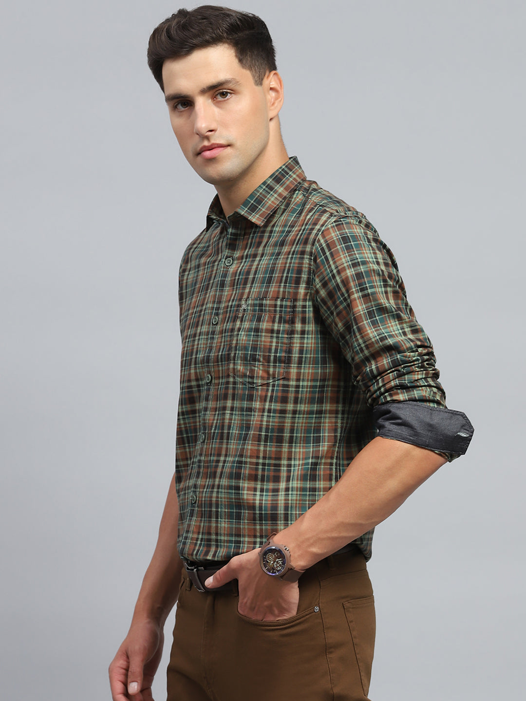 Men Olive Check Collar Full Sleeve Shirt