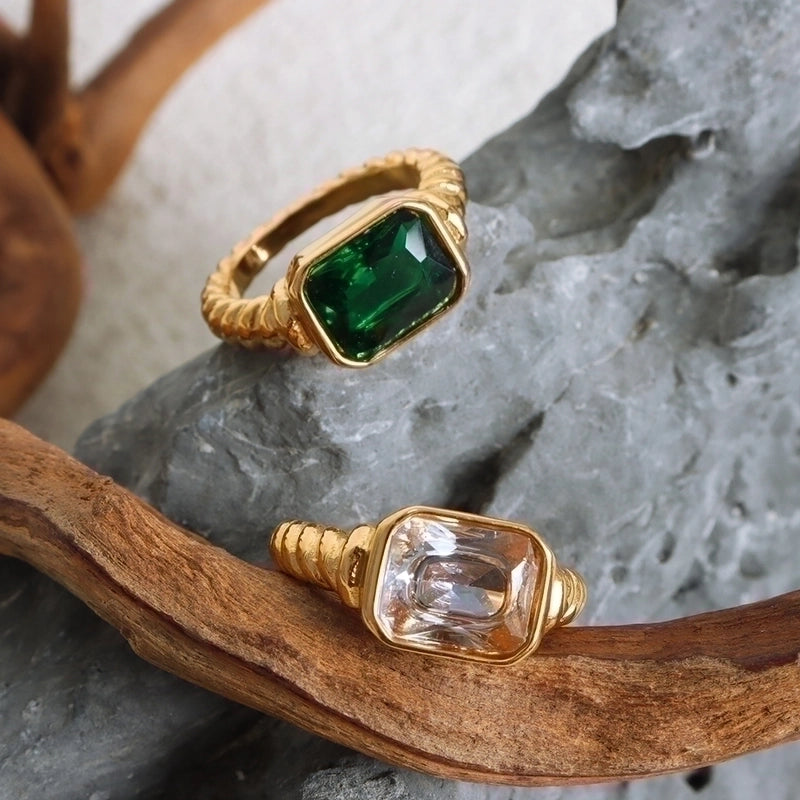 Vintage Style Square Titanium Steel Plating Inlay Zircon 18k Gold Plated Rings